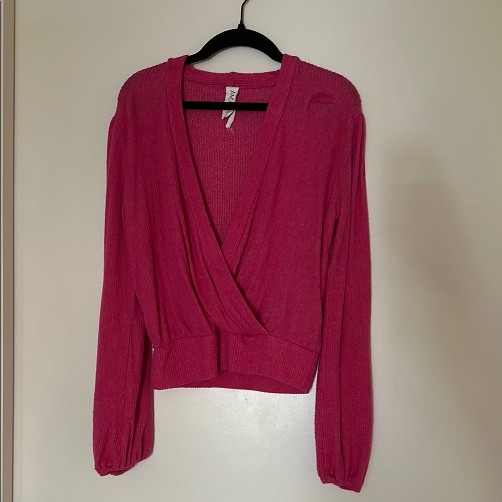 AMADI by Anthropologie Fuchsia Wrap Sweater – Balloon Sleeve Ribbed Knit S